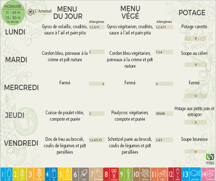 Menu de la semaine : L'Arsenal - Le restaurant sera fermé ce mercredi !
